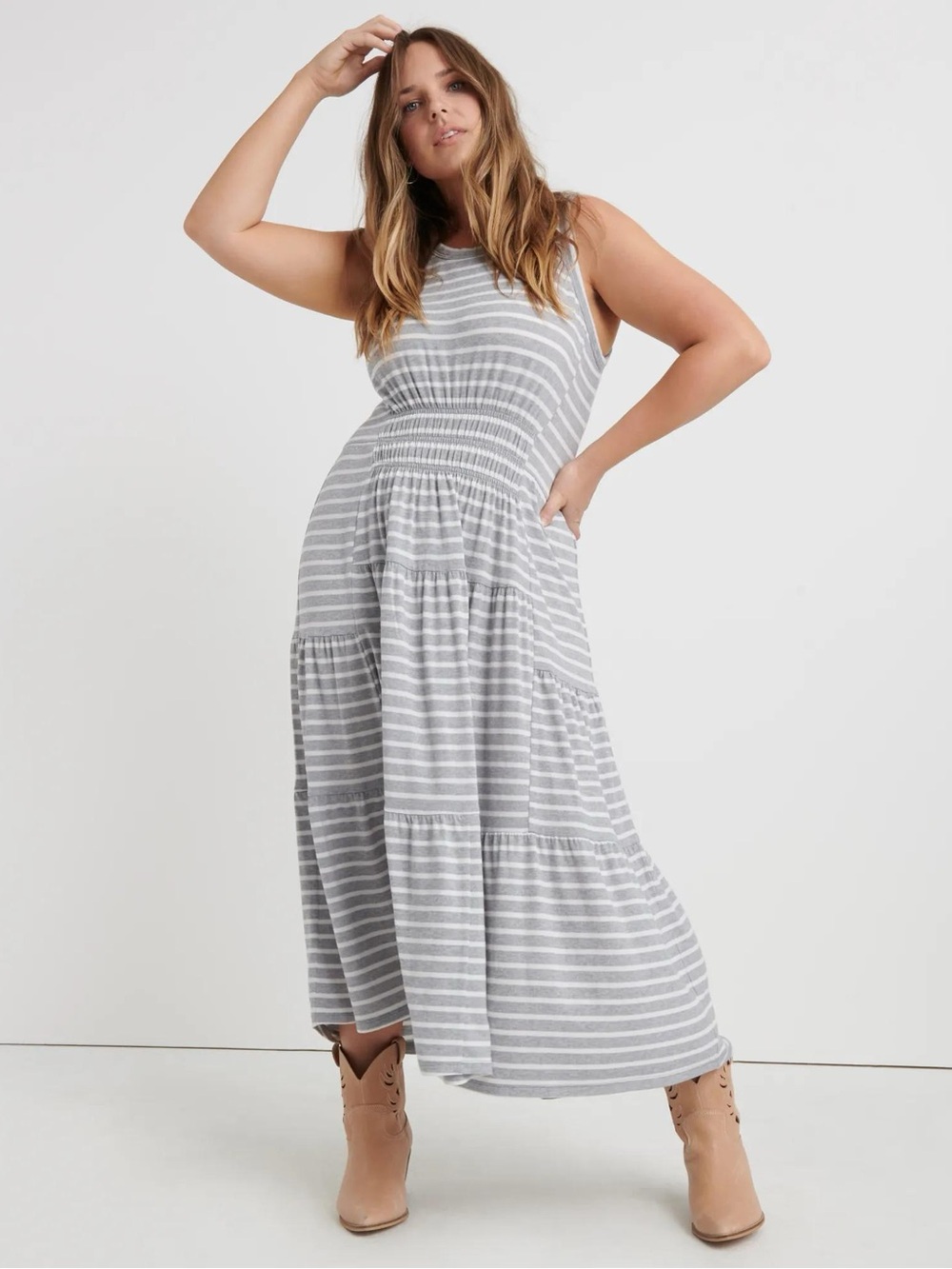 Large Lucky Brand Ruched Sleeveless Grey & White Stripe Maxi Dress L Long Cotton